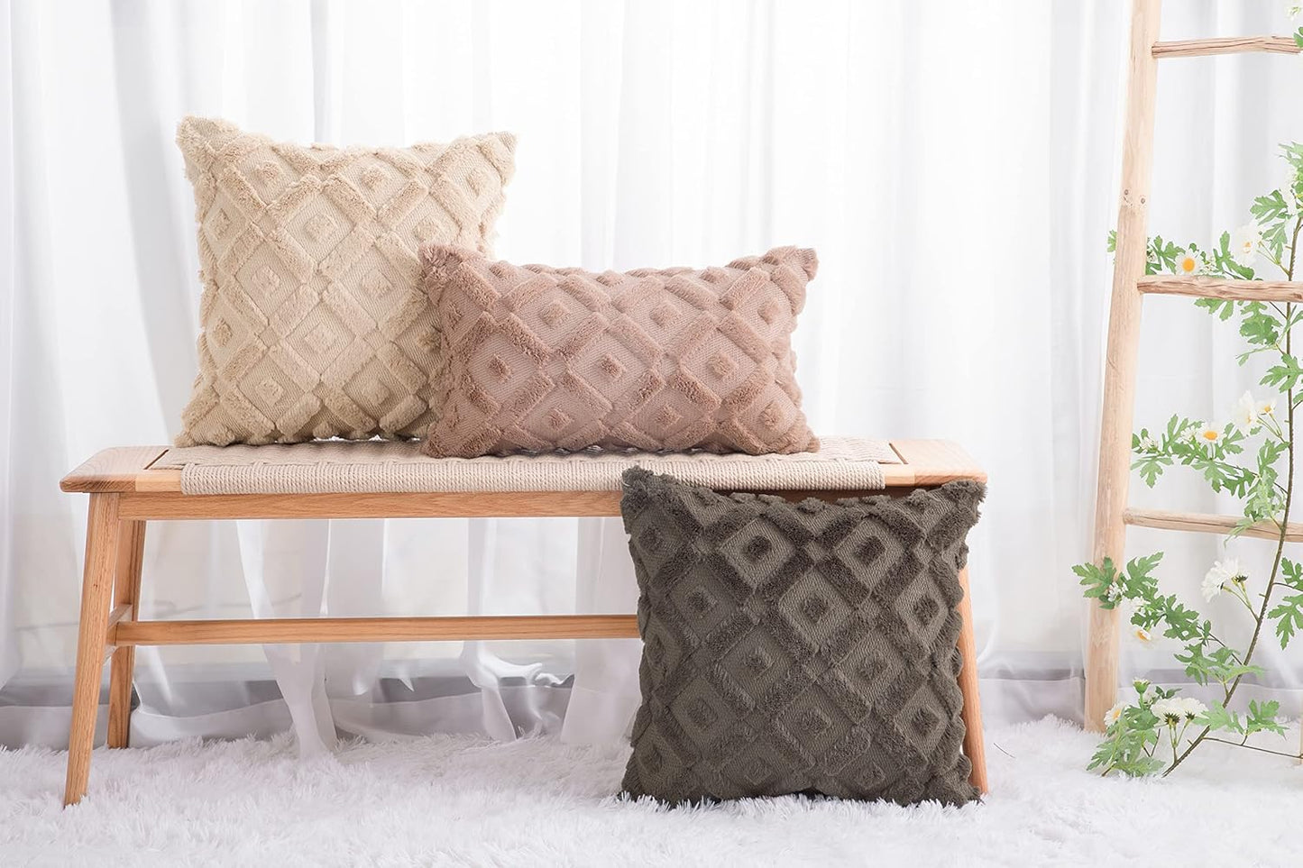 Set of 2 Taupe Plush Short Wool Throw Pillow Covers 18X18 Inch Square Super Soft Cozy Decorative Velvet Cushion Cover for Sofa Bedroom Livingroom Pillow Shell