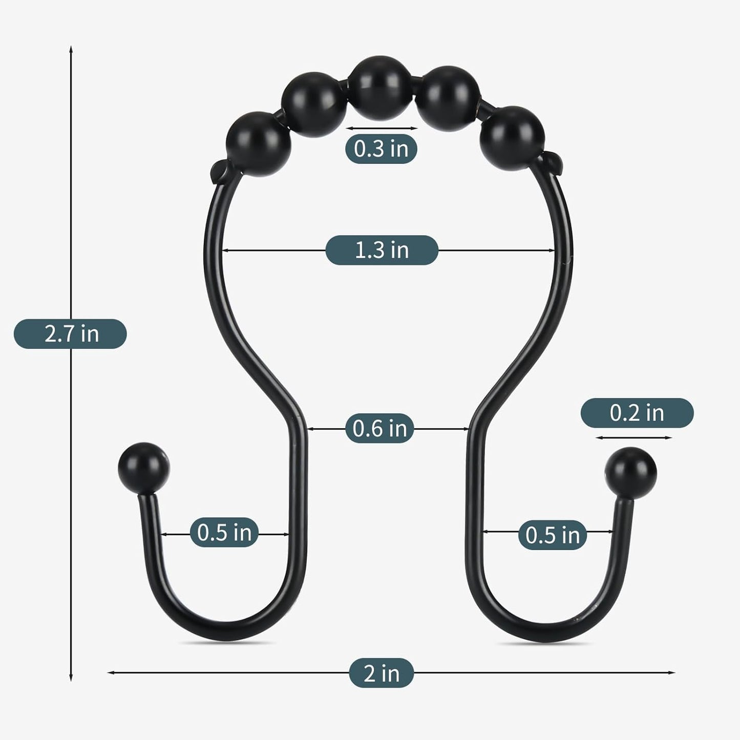 Shower Curtain Hooks, Shower Curtain Rings, Black Shower Curtain Hooks Rust Proof, Smooth Gliding Metal Shower Curtain Rings Rust Proof, Double Shower Rings for Curtain, 12 Pcs, Black