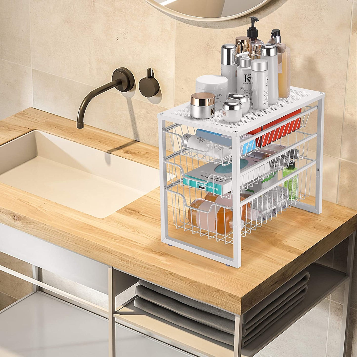 3-Tier under Sink Cabinet Organizer with Sliding Storage Drawer, Desktop Organizer for Kitchen Bathroom Office, Stackable, White