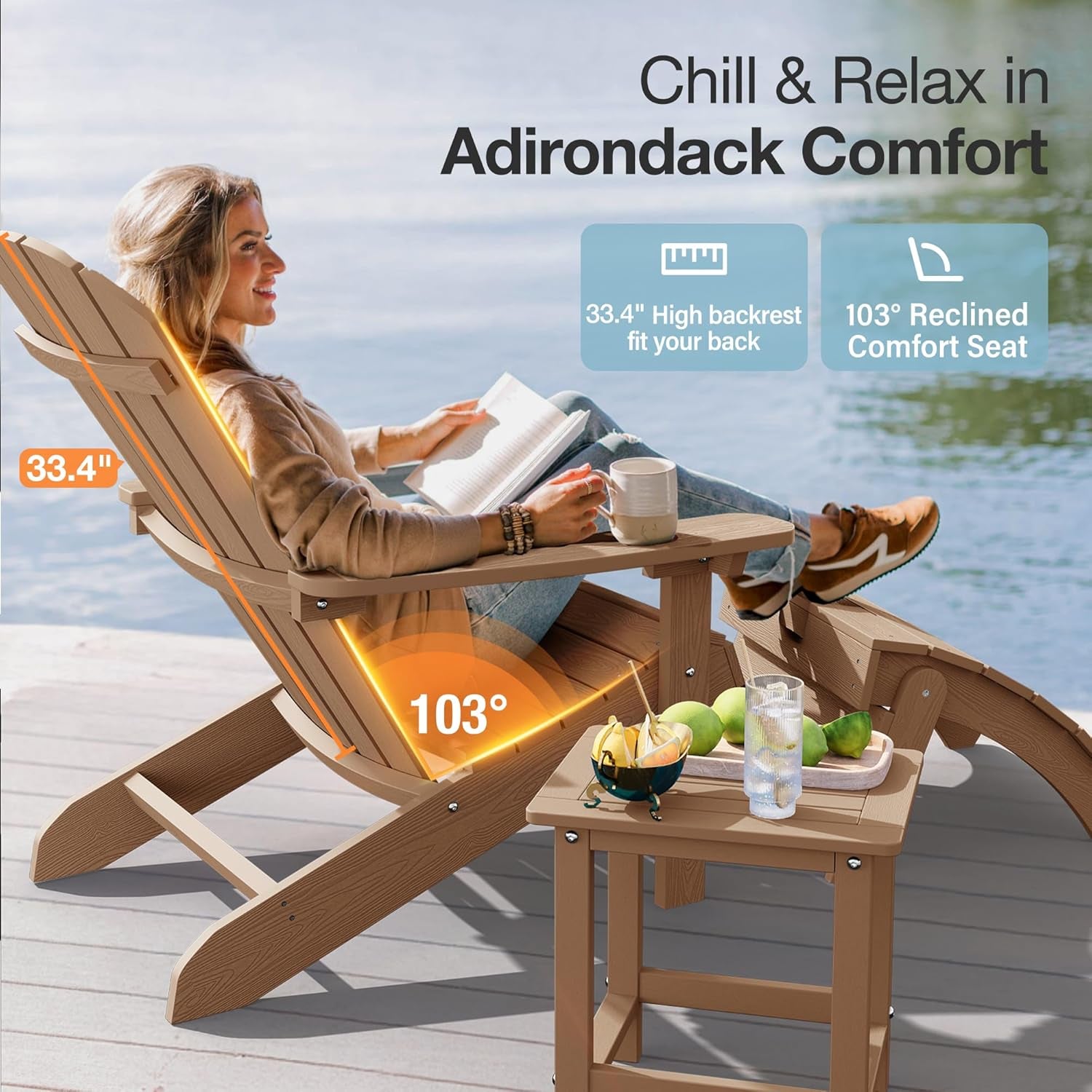 Adirondack Chairs Set of 8: Outdoor Chair HIPS Plastic Adirondack Chairs - Patio Chairs with Wood Texture - Lawn Fire Pit Deck Porch Garden Chairs for Adults (Teak)