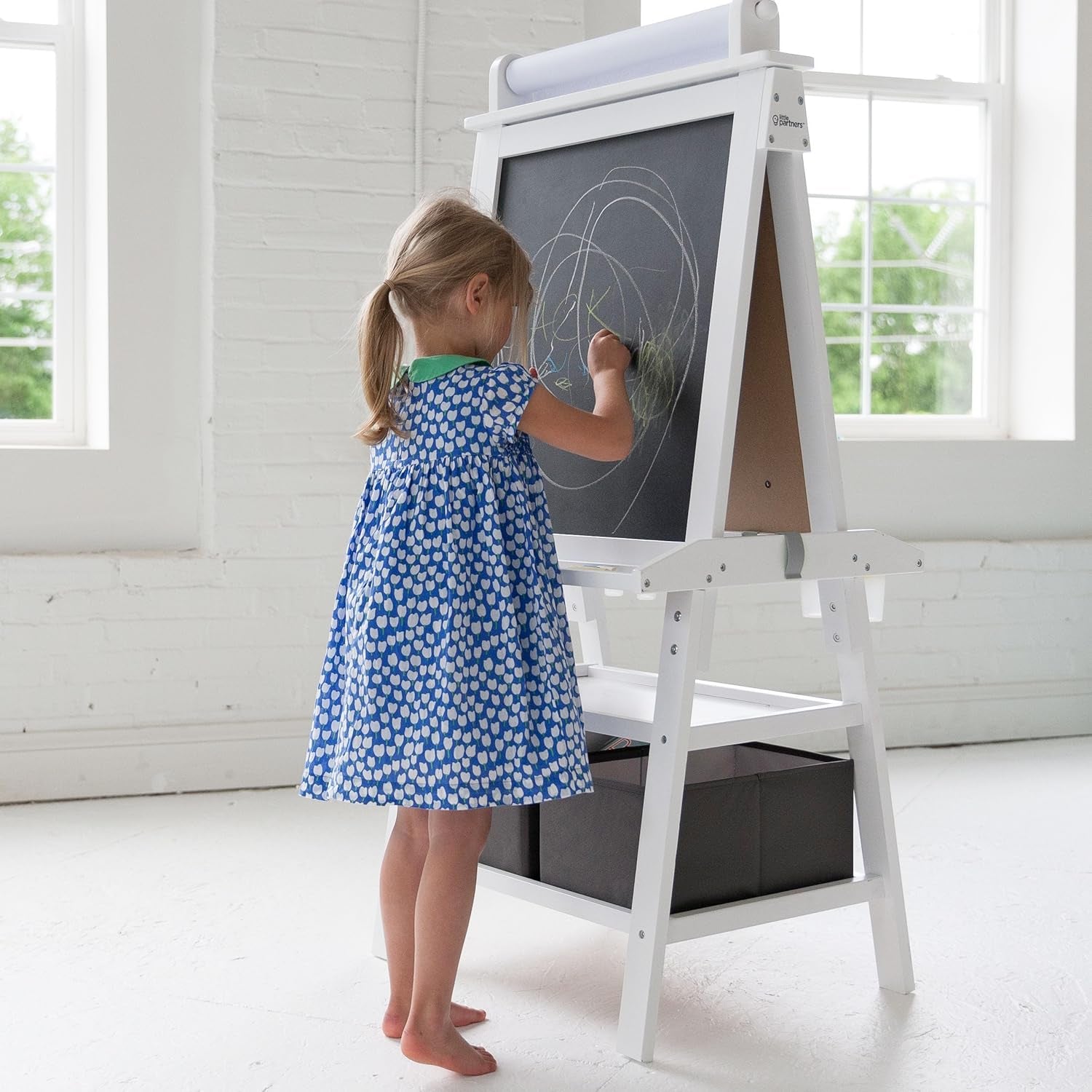 Deluxe Learn 'N Play Toddler Easel for Kids, Two-Sided Art Center with Chalkboard, Magnetic Dry Erase Whiteboard, Paper Feed, Storage Bins, Paint Containers (Soft White)