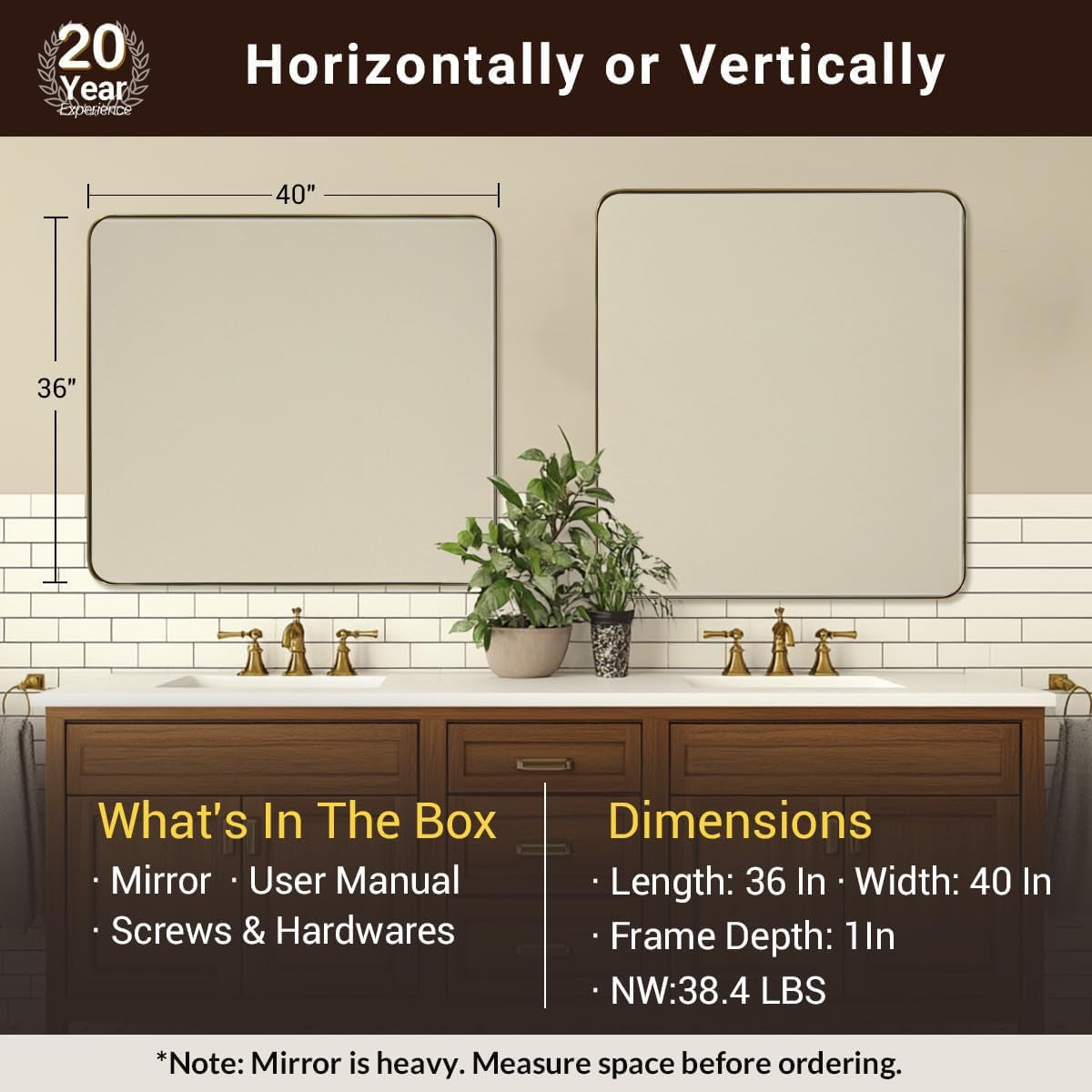 Chrome Bathroom Mirrors for over Sink, 36X40 Inch Polished Silver Mirror for Wall, Rectangular Metal Framed Vanity Mirror -Modern Clean Design with Superior Stainless Steel Frame