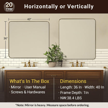 Chrome Bathroom Mirrors for over Sink, 36X40 Inch Polished Silver Mirror for Wall, Rectangular Metal Framed Vanity Mirror -Modern Clean Design with Superior Stainless Steel Frame