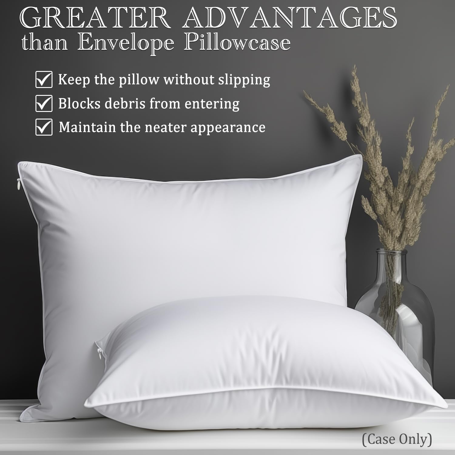 Pillow Cases Queen Size-100% Cotton Pillowcase Covers with Zipper Hidden, Breathable & Ultra Soft/Pillow Covers for Easy Care, 2 Pack/White