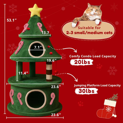 Comhoma 52" Christmas Cat Tree with 2 Cozy Houses,Indoor Modern Cat Tower with Anti-Tip Kit,Plush Perches & Hanging Balls,Holiday Cat Climbing Furniture for Kittens to Play and Sleep