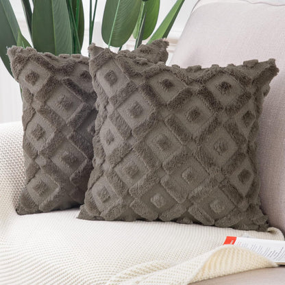 Set of 2 Taupe Plush Short Wool Throw Pillow Covers 18X18 Inch Square Super Soft Cozy Decorative Velvet Cushion Cover for Sofa Bedroom Livingroom Pillow Shell