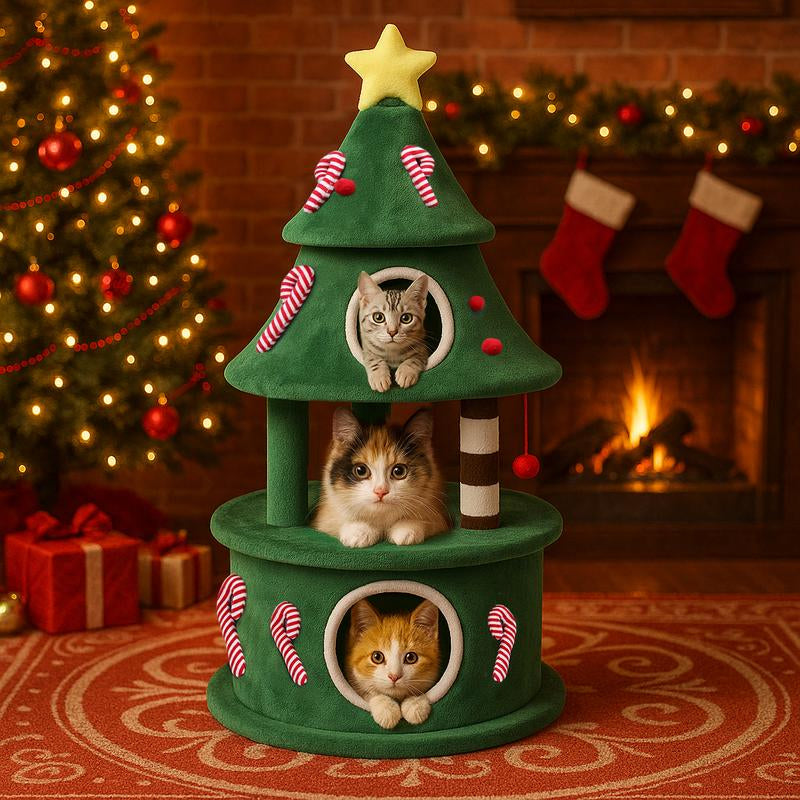 Comhoma 52" Christmas Cat Tree with 2 Cozy Houses,Indoor Modern Cat Tower with Anti-Tip Kit,Plush Perches & Hanging Balls,Holiday Cat Climbing Furniture for Kittens to Play and Sleep