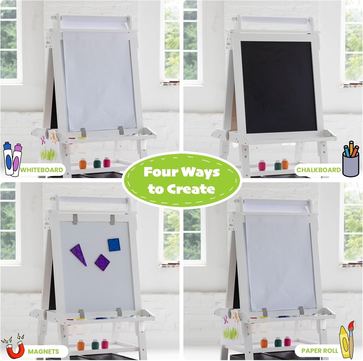 Deluxe Learn 'N Play Toddler Easel for Kids, Two-Sided Art Center with Chalkboard, Magnetic Dry Erase Whiteboard, Paper Feed, Storage Bins, Paint Containers (Soft White)