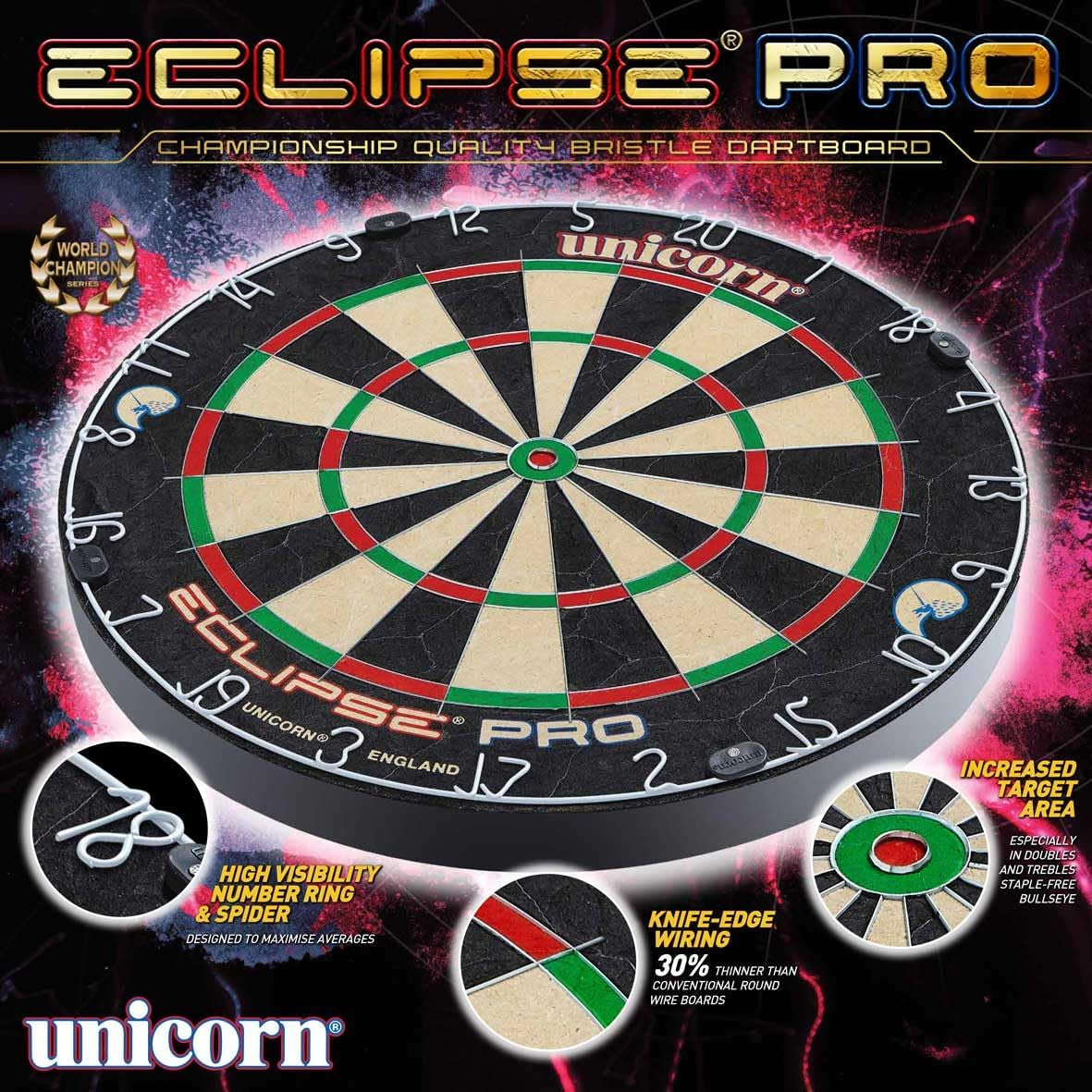 Eclipse Pro & Ultra Championship Edition Bristle Steel Tip Dartboards - Ultra-Slim Wire, Staple-Free Bullseye-Increased Target Area, Premium Self-Healing Sisal, High-Vis Rotatable Number Ring