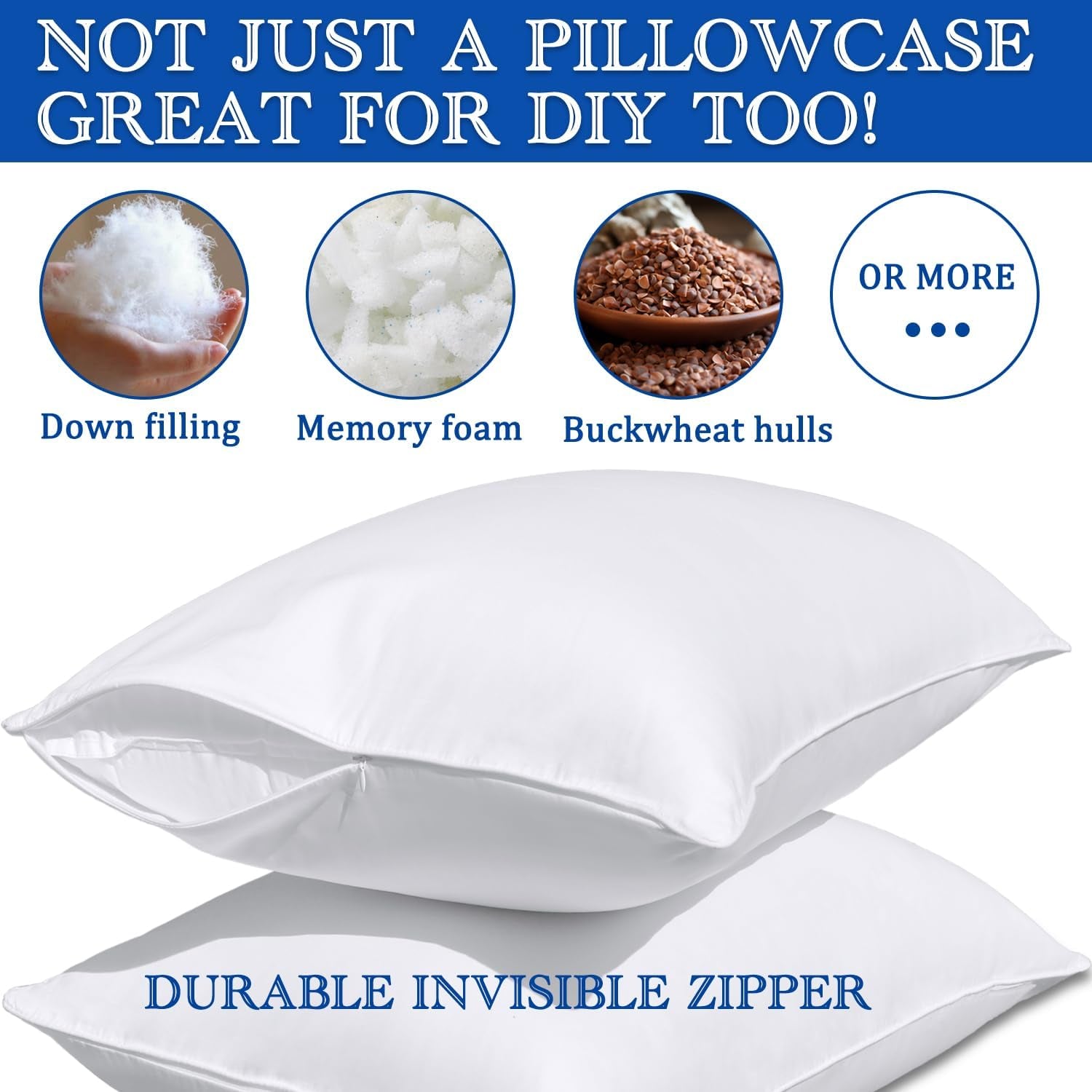 Pillow Cases Queen Size-100% Cotton Pillowcase Covers with Zipper Hidden, Breathable & Ultra Soft/Pillow Covers for Easy Care, 2 Pack/White