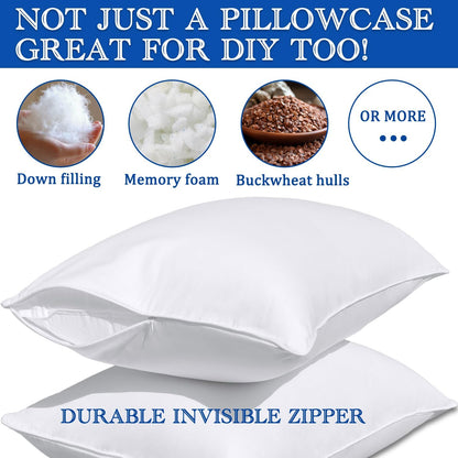 Pillow Cases Queen Size-100% Cotton Pillowcase Covers with Zipper Hidden, Breathable & Ultra Soft/Pillow Covers for Easy Care, 2 Pack/White