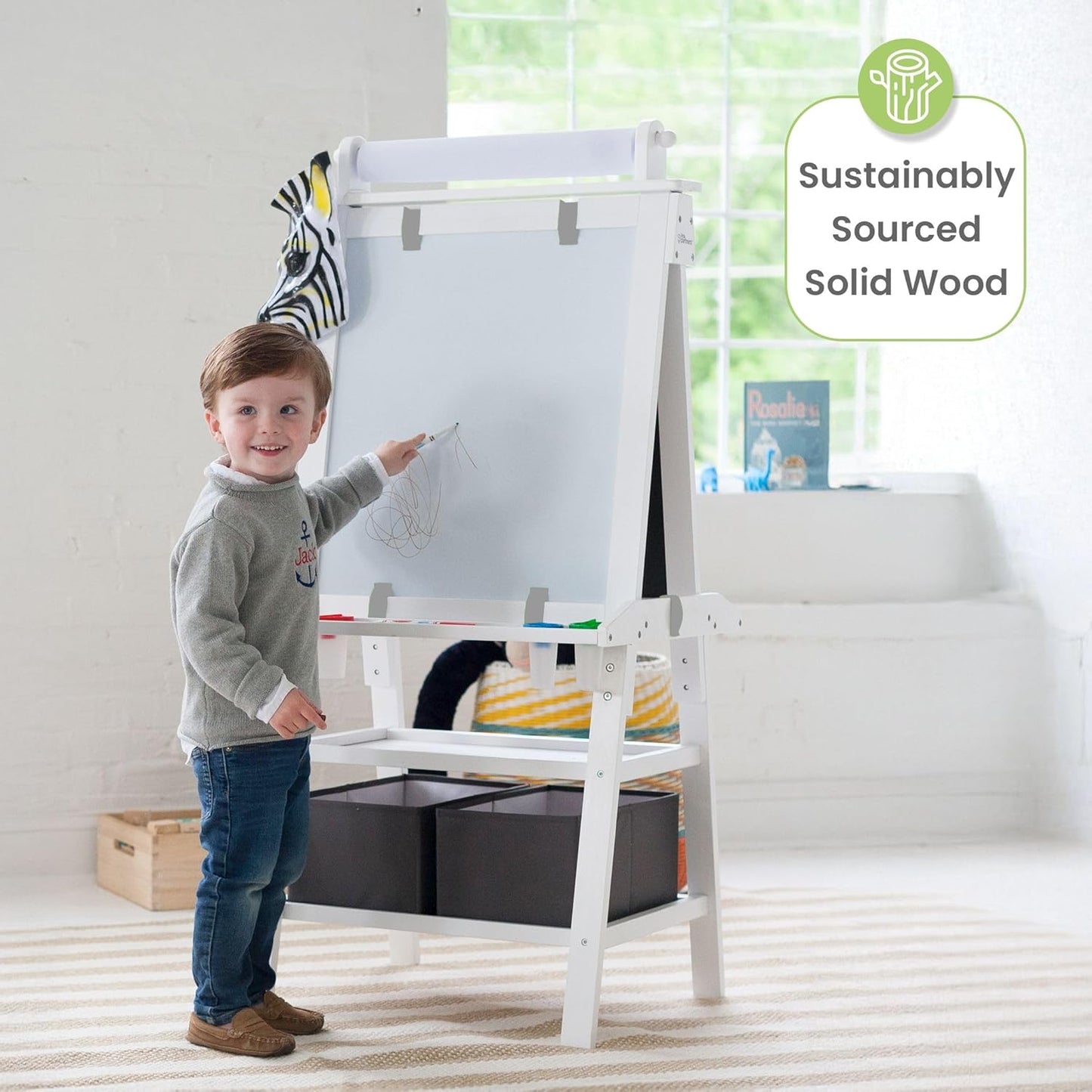 Deluxe Learn 'N Play Toddler Easel for Kids, Two-Sided Art Center with Chalkboard, Magnetic Dry Erase Whiteboard, Paper Feed, Storage Bins, Paint Containers (Soft White)