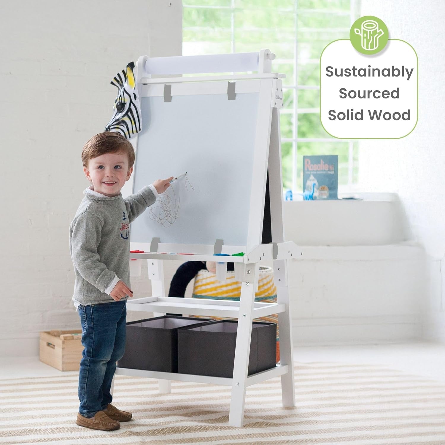 Deluxe Learn 'N Play Toddler Easel for Kids, Two-Sided Art Center with Chalkboard, Magnetic Dry Erase Whiteboard, Paper Feed, Storage Bins, Paint Containers (Soft White)