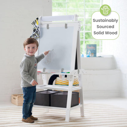 Deluxe Learn 'N Play Toddler Easel for Kids, Two-Sided Art Center with Chalkboard, Magnetic Dry Erase Whiteboard, Paper Feed, Storage Bins, Paint Containers (Soft White)