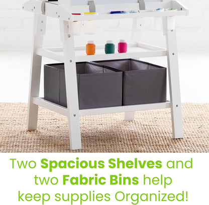 Deluxe Learn 'N Play Toddler Easel for Kids, Two-Sided Art Center with Chalkboard, Magnetic Dry Erase Whiteboard, Paper Feed, Storage Bins, Paint Containers (Soft White)