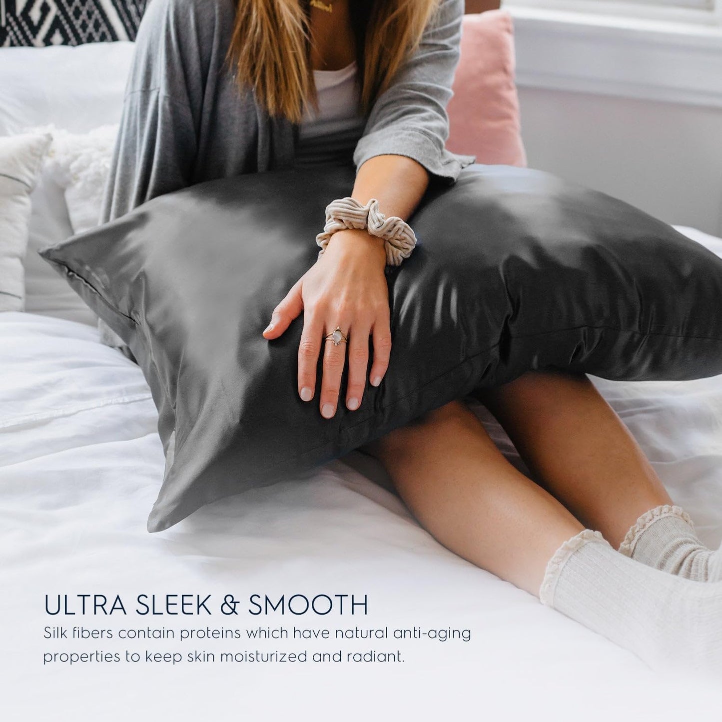 22Mm 100% Pure Mulberry 6A Silk Pillowcase for Hair & Skin with Envelope Closure, No Zipper, Cooling, Natural, Organic, Double Sided Pillow Case (Charcoal, King 20"X36", 22 Momme 1Pc)