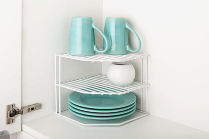 3-Tier Kitchen Corner Shelf Rack - Steel Metal Wire - Rust Resistant - Plates, Dishes, Cabinet & Pantry Organizer - Kitchen Organization (9 X 8 Inch) [White]