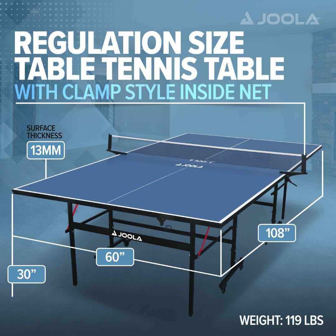 inside Professional MDF Indoor Ping Pong Table with Quick Clamp Table Tennis Net and Post Set - 10 Minute Easy Assembly - Tournament Quality - Foldable with Single Player Playback Mode