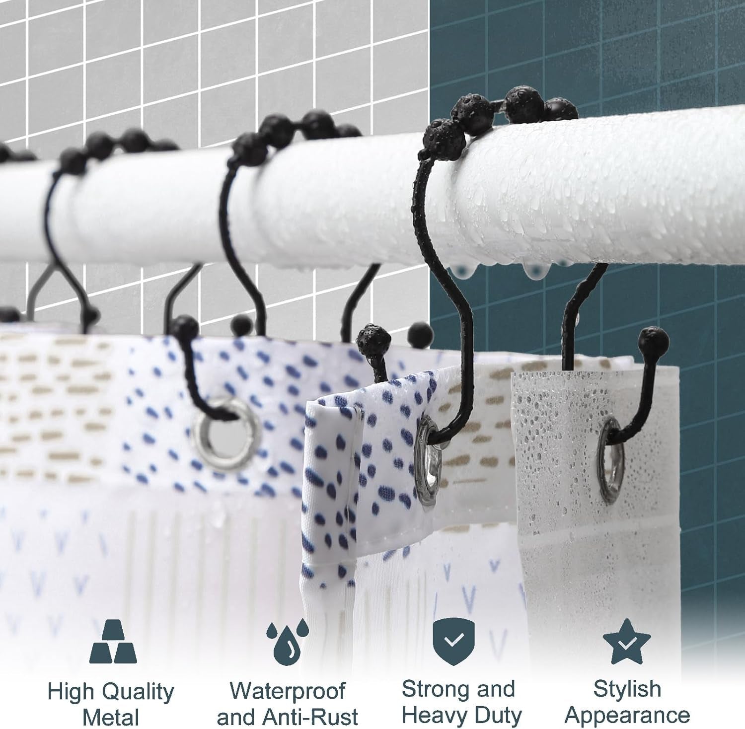 Shower Curtain Hooks,  Shower Curtain Rings, Black Shower Curtain Hooks Rust Proof, Smooth Gliding Metal Shower Curtain Rings Rust Proof, Double Shower Rings for Curtain, 12 Pcs, Black