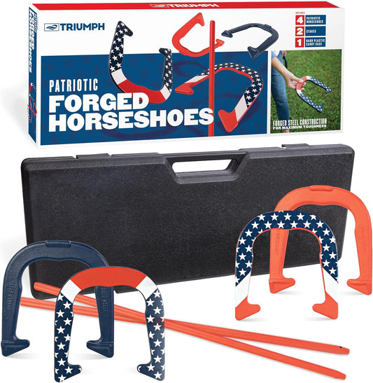 Forged and Steel Horseshoe Set Complete with 4 Horseshoes, 2 Stakes - Patriotic or Blue and Grey Colors - Perfect Addition for Parties and Outdoor Gatherings