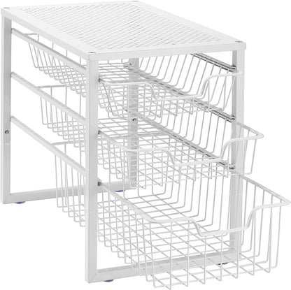 3-Tier under Sink Cabinet Organizer with Sliding Storage Drawer, Desktop Organizer for Kitchen Bathroom Office, Stackable, White