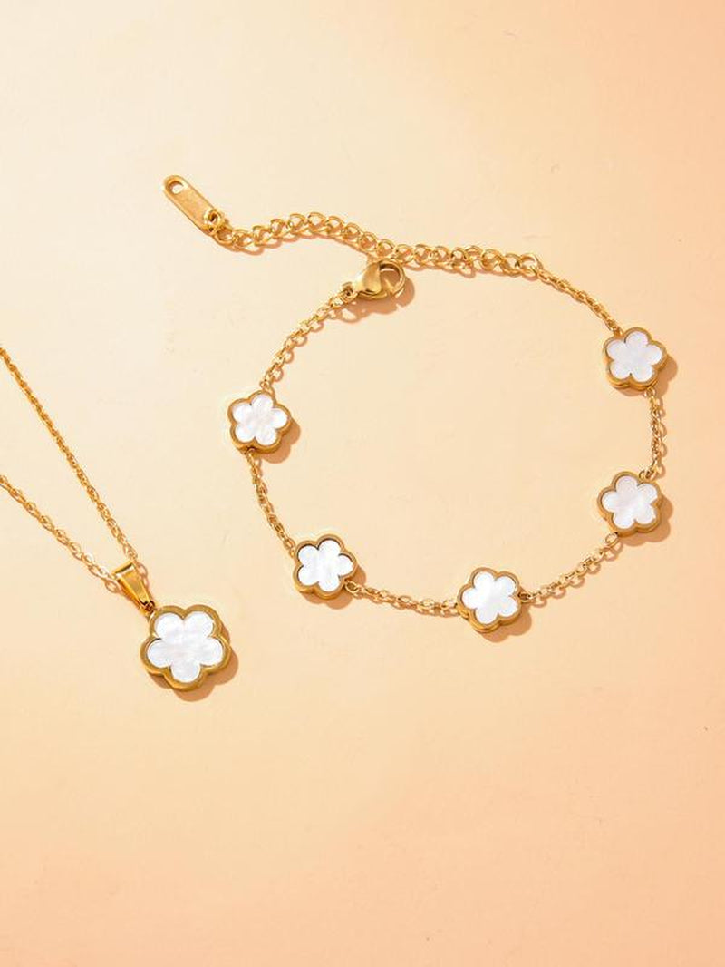 Women'S Elegant Flower Design Jewelry Set, Including Necklace & Bracelet, Luxury Jewelry, Trendy All-Match & Exquisite Jewelry for Birthday Gift for Back to School, 2024 Fall Jewelry