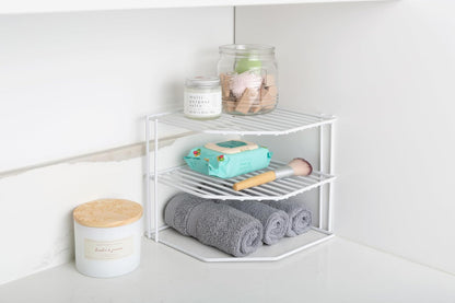 3-Tier Kitchen Corner Shelf Rack - Steel Metal Wire - Rust Resistant - Plates, Dishes, Cabinet & Pantry Organizer - Kitchen Organization (9 X 8 Inch) [White]