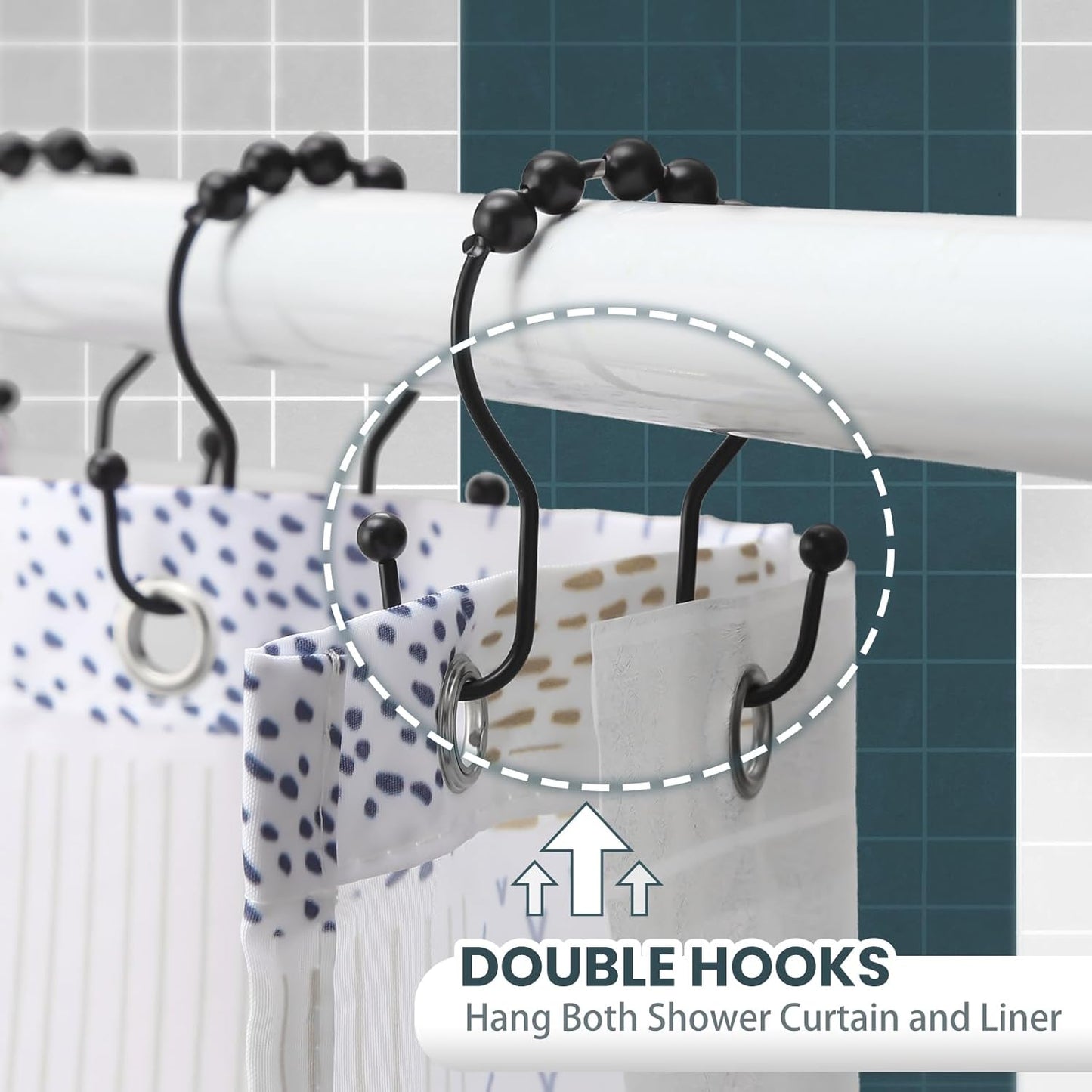 Shower Curtain Hooks,  Shower Curtain Rings, Black Shower Curtain Hooks Rust Proof, Smooth Gliding Metal Shower Curtain Rings Rust Proof, Double Shower Rings for Curtain, 12 Pcs, Black