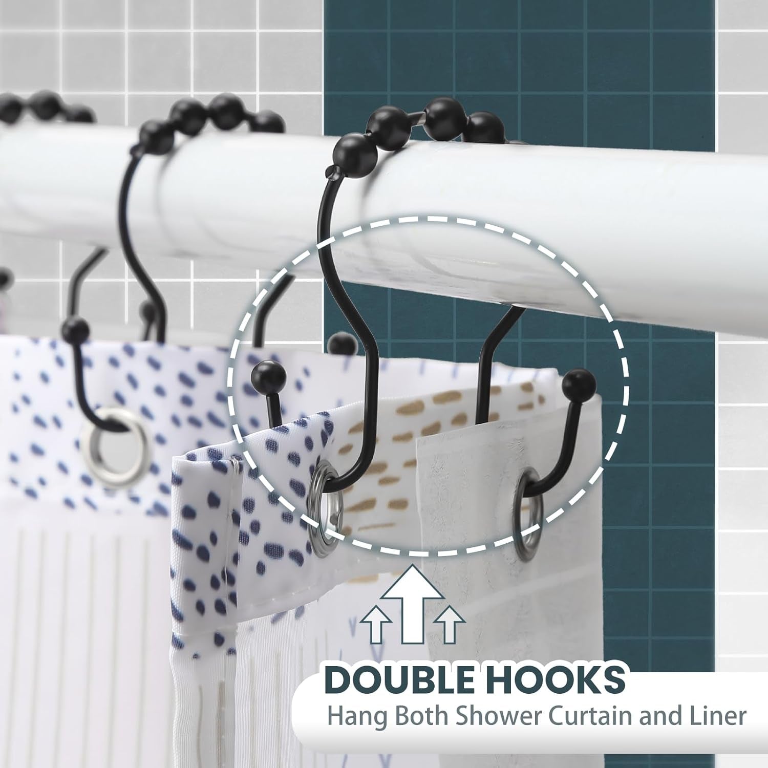 Shower Curtain Hooks,  Shower Curtain Rings, Black Shower Curtain Hooks Rust Proof, Smooth Gliding Metal Shower Curtain Rings Rust Proof, Double Shower Rings for Curtain, 12 Pcs, Black