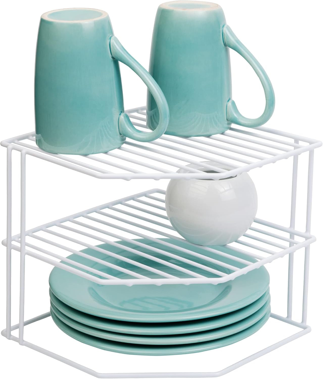 3-Tier Kitchen Corner Shelf Rack - Steel Metal Wire - Rust Resistant - Plates, Dishes, Cabinet & Pantry Organizer - Kitchen Organization (9 X 8 Inch) [White]