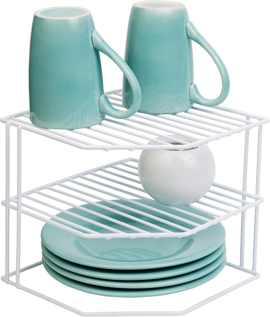 3-Tier Kitchen Corner Shelf Rack - Steel Metal Wire - Rust Resistant - Plates, Dishes, Cabinet & Pantry Organizer - Kitchen Organization (9 X 8 Inch) [White]