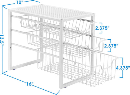3-Tier under Sink Cabinet Organizer with Sliding Storage Drawer, Desktop Organizer for Kitchen Bathroom Office, Stackable, White