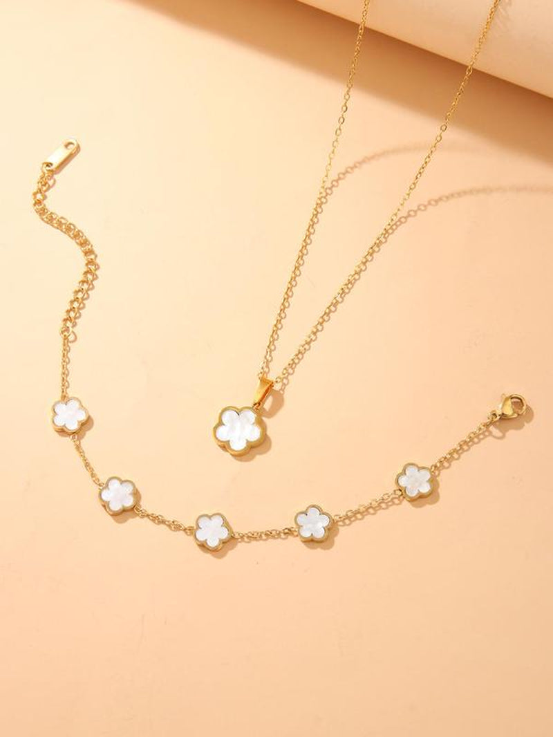 Women'S Elegant Flower Design Jewelry Set, Including Necklace & Bracelet, Luxury Jewelry, Trendy All-Match & Exquisite Jewelry for Birthday Gift for Back to School, 2024 Fall Jewelry