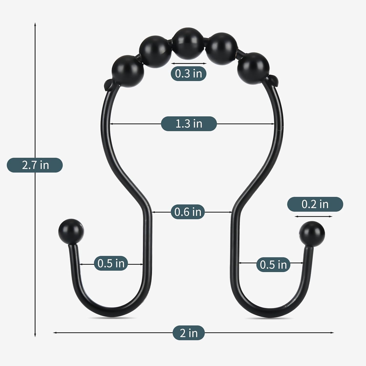 Shower Curtain Hooks,  Shower Curtain Rings, Black Shower Curtain Hooks Rust Proof, Smooth Gliding Metal Shower Curtain Rings Rust Proof, Double Shower Rings for Curtain, 12 Pcs, Black