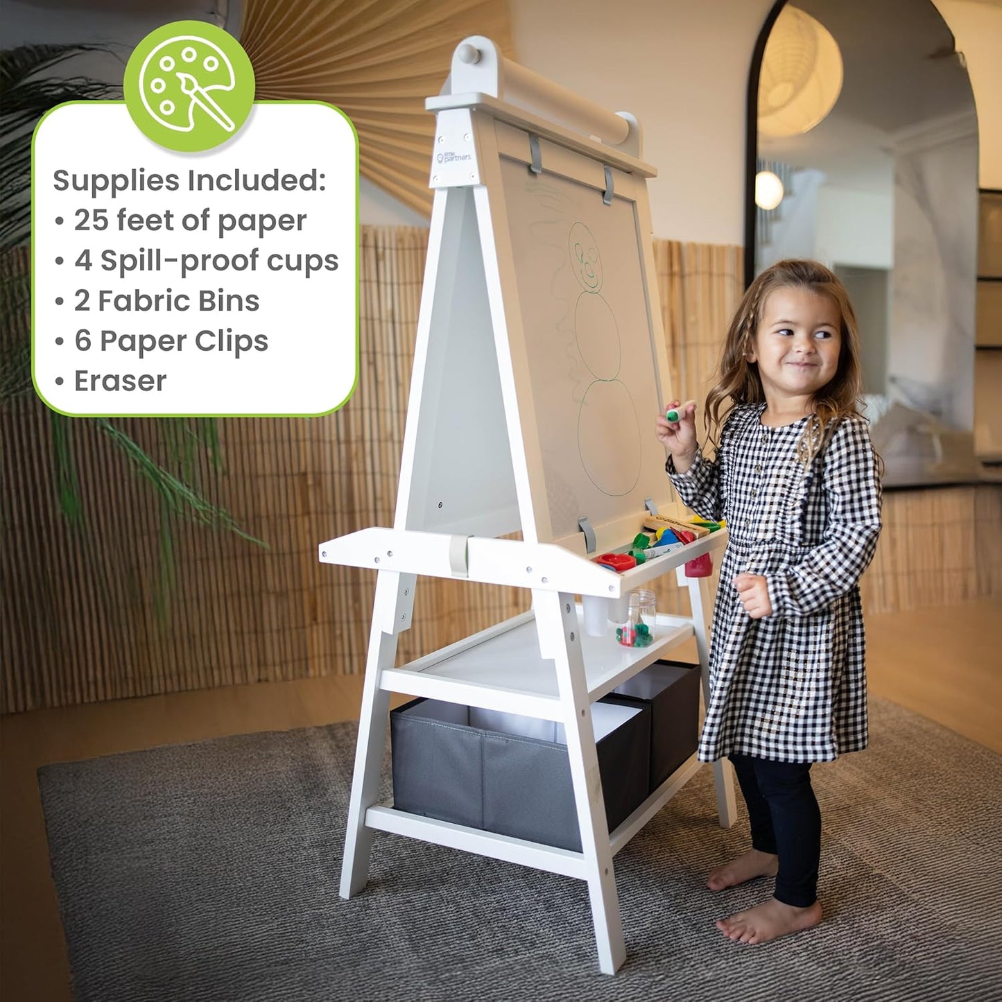 Deluxe Learn 'N Play Toddler Easel for Kids, Two-Sided Art Center with Chalkboard, Magnetic Dry Erase Whiteboard, Paper Feed, Storage Bins, Paint Containers (Soft White)