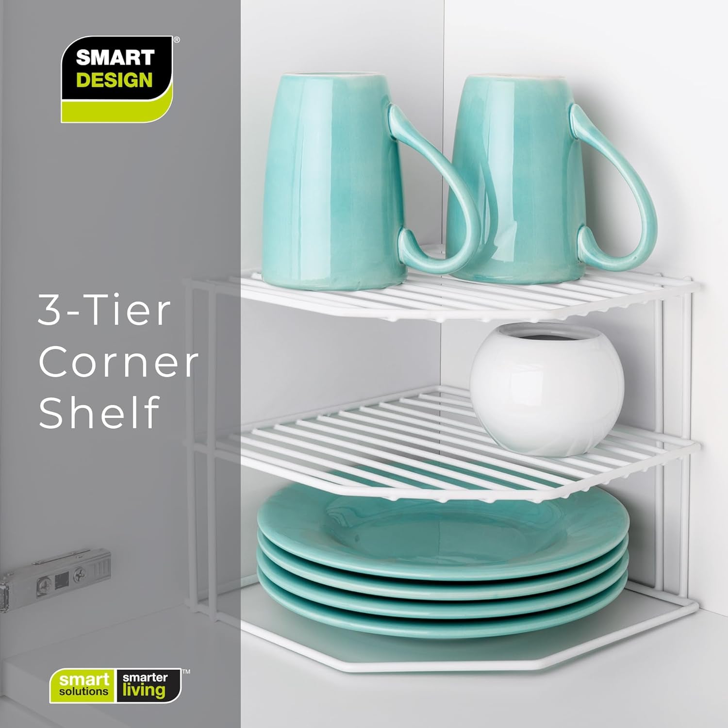 3-Tier Kitchen Corner Shelf Rack - Steel Metal Wire - Rust Resistant - Plates, Dishes, Cabinet & Pantry Organizer - Kitchen Organization (9 X 8 Inch) [White]