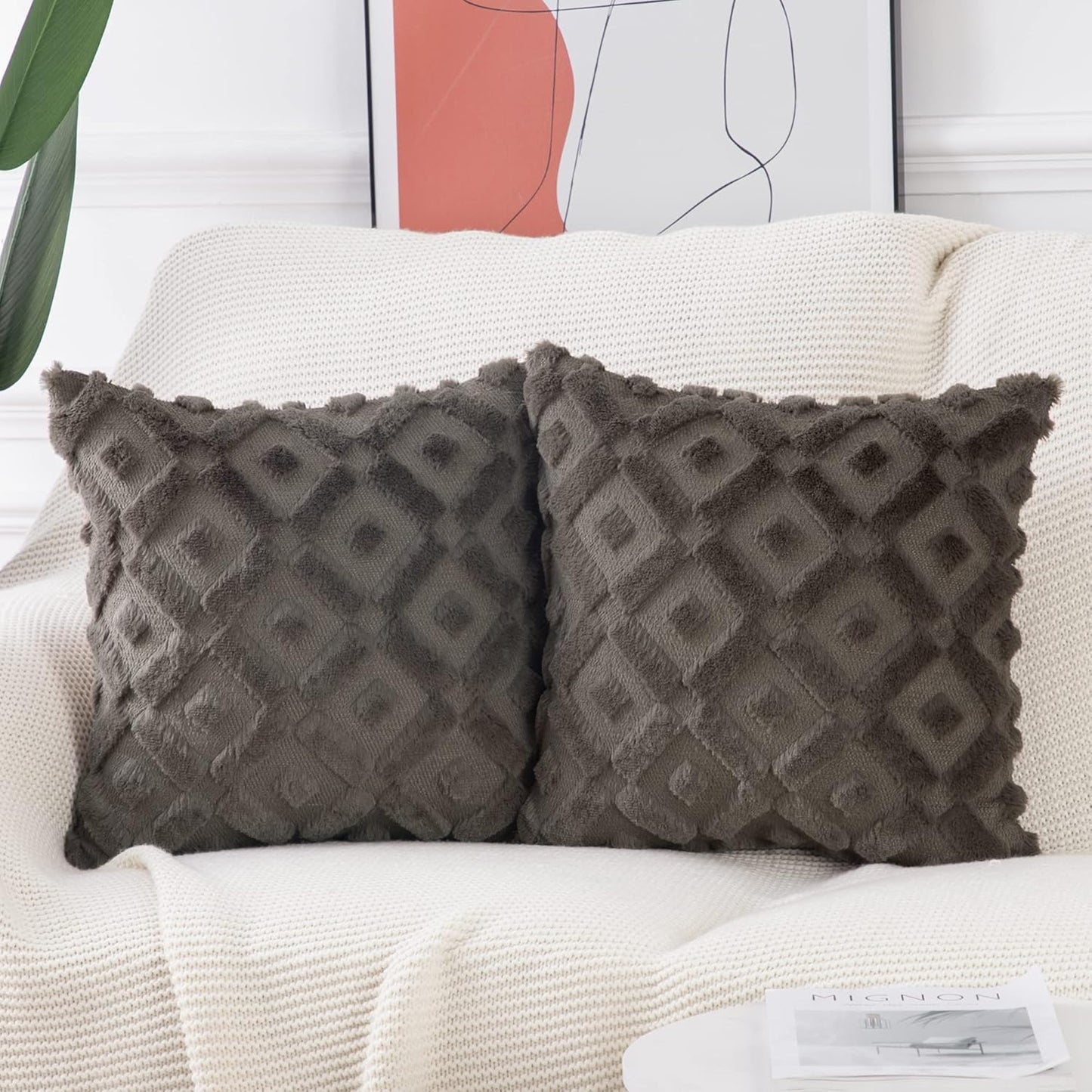 Set of 2 Taupe Plush Short Wool Throw Pillow Covers 18X18 Inch Square Super Soft Cozy Decorative Velvet Cushion Cover for Sofa Bedroom Livingroom Pillow Shell