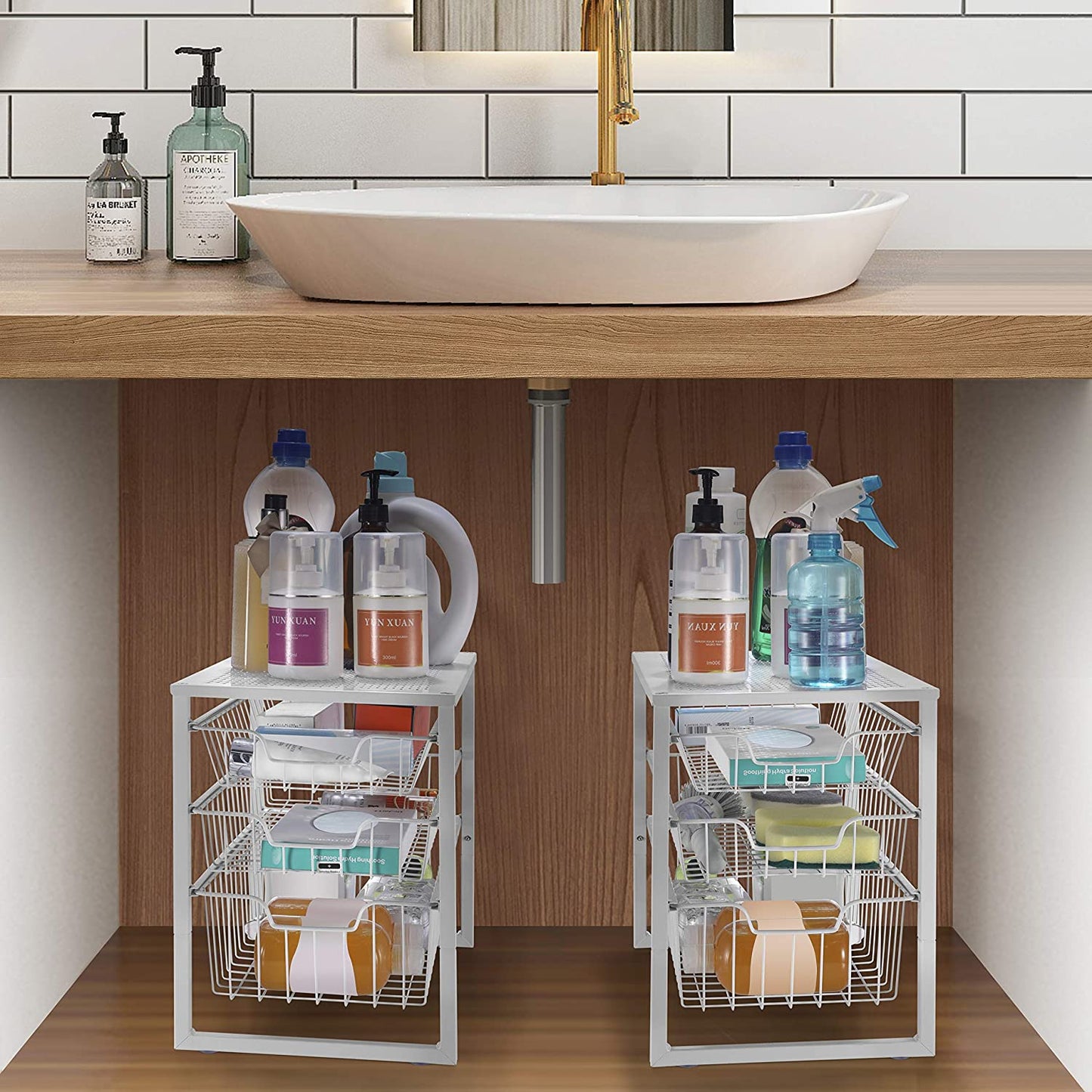 3-Tier under Sink Cabinet Organizer with Sliding Storage Drawer, Desktop Organizer for Kitchen Bathroom Office, Stackable, White