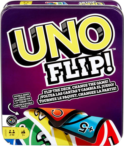 UNO FLIP! Card Game in Storage & Travel Tin, Color Blind Accessible Deck for Kids, Adults & Family Nights & Parties (Amazon Exclusive)