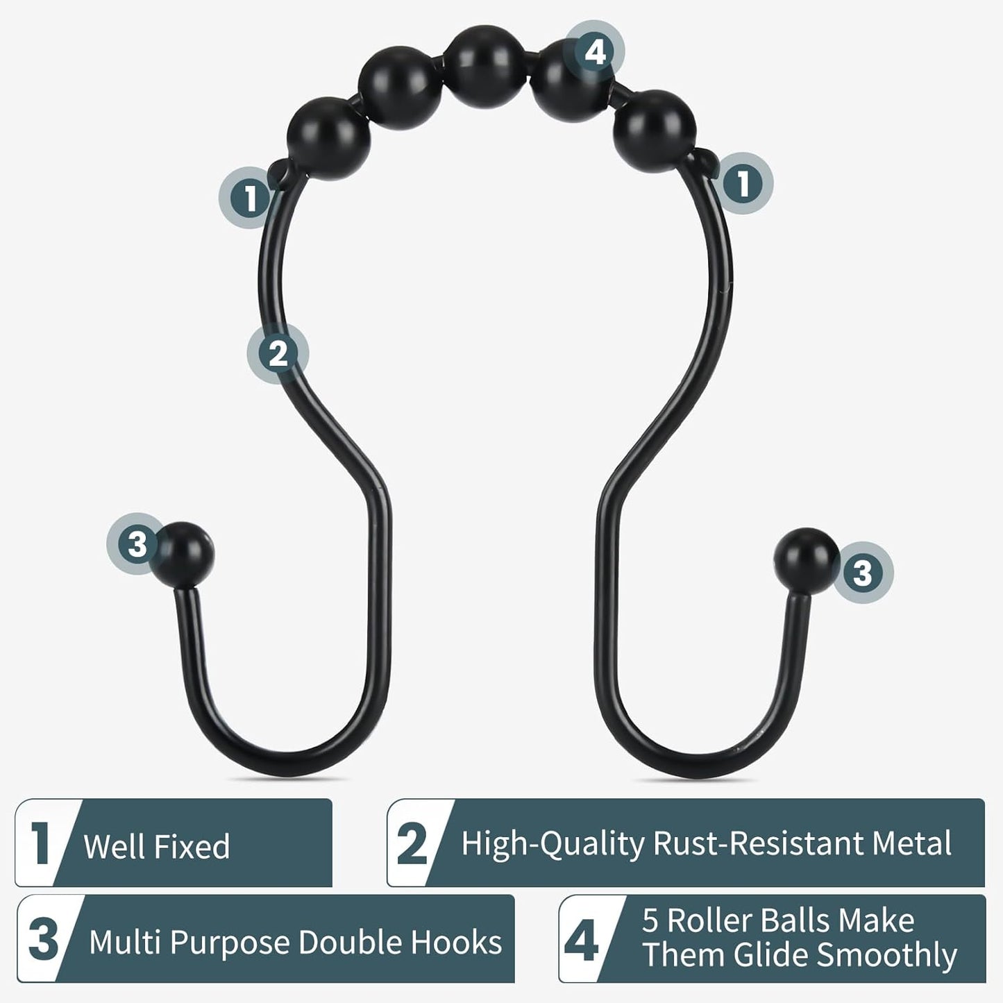 Shower Curtain Hooks,  Shower Curtain Rings, Black Shower Curtain Hooks Rust Proof, Smooth Gliding Metal Shower Curtain Rings Rust Proof, Double Shower Rings for Curtain, 12 Pcs, Black