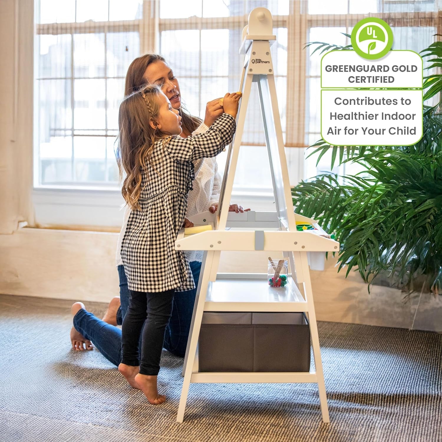 Deluxe Learn 'N Play Toddler Easel for Kids, Two-Sided Art Center with Chalkboard, Magnetic Dry Erase Whiteboard, Paper Feed, Storage Bins, Paint Containers (Soft White)