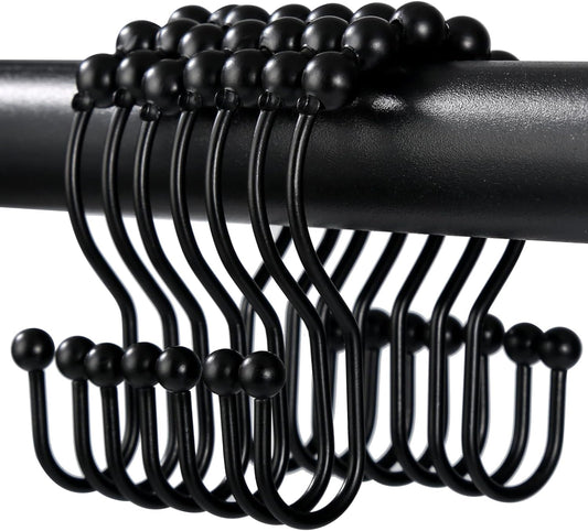 Shower Curtain Hooks,  Shower Curtain Rings, Black Shower Curtain Hooks Rust Proof, Smooth Gliding Metal Shower Curtain Rings Rust Proof, Double Shower Rings for Curtain, 12 Pcs, Black