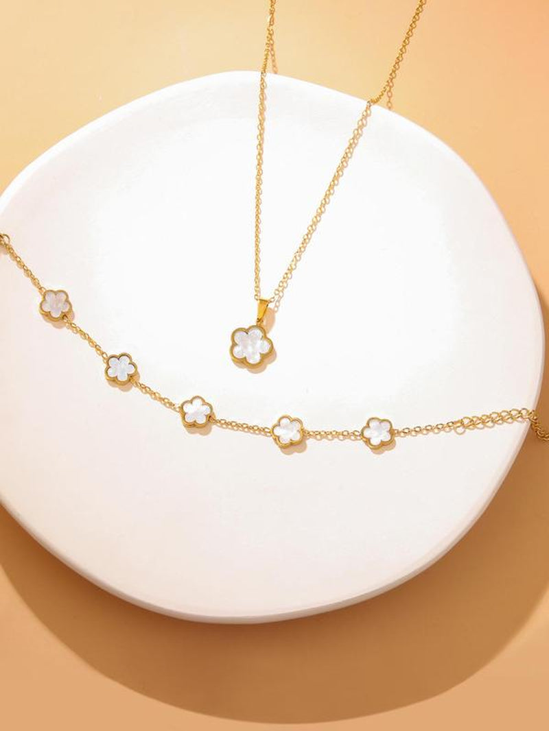 Women'S Elegant Flower Design Jewelry Set, Including Necklace & Bracelet, Luxury Jewelry, Trendy All-Match & Exquisite Jewelry for Birthday Gift for Back to School, 2024 Fall Jewelry