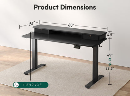 60 X 24 Inch Height Adjustable Electric Standing Desk with Double Drawer, Stand up Desk with Storage Shelf, Sit Stand Desk, Black