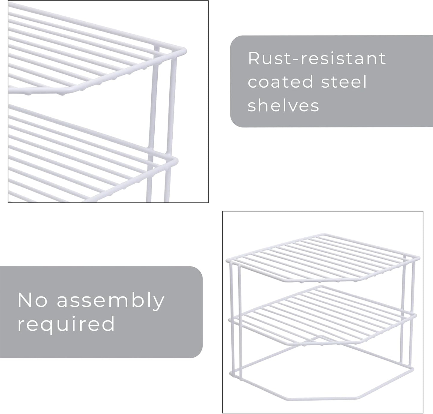 3-Tier Kitchen Corner Shelf Rack - Steel Metal Wire - Rust Resistant - Plates, Dishes, Cabinet & Pantry Organizer - Kitchen Organization (9 X 8 Inch) [White]